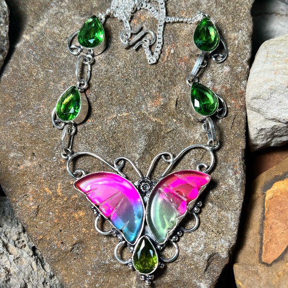 Hand Crafted Jewelry - Bi-color tourmaline & peridot butterfly necklace